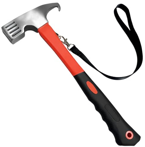 AlGuirnex Multifunction Camping Hammer Tent Peg Remover - 12 High Carbon Steel with TPR Grip & Safety Lanyard (Orange)