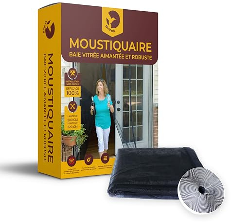 Moustiquaire baie vitree coulissante 200x220 - Aimantée en Fibre de Verre - Fermeture automatique - magnétique - Maille Ultra Fine laisse passer l'Air Frais - Robuste et Facile à Installer - Noir