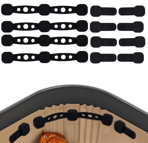4 Ensembles Aimants Friteuse Air pour Doublures en Papier Sulfurisé, Boucles en Silicone Supports Magnétiques Accessoires Résistants Chaleur pour Friteuse Air Paniers Fer Maintien Sûr (Noir)