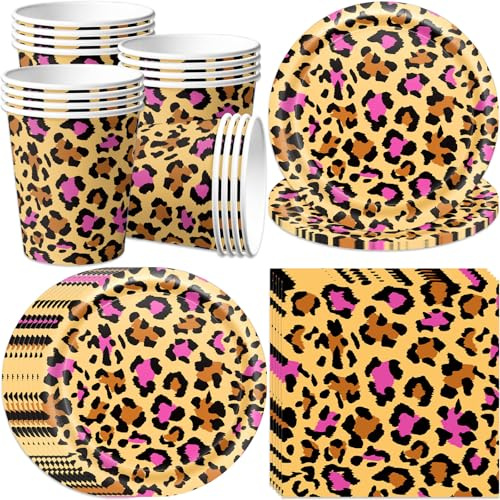 pekifaves Vajilla para Fiesta de Leopardo, Platos de papel desechables, servilletas y tazas, Fiesta Temática Leopardo Decoraciones de Cumpleaño 16 invitados