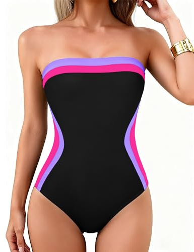 DaiLiWei Women One Piece Swimsuit Strapless Bandeau Bathing Suits Tummy Control Slimming Shapewear Swim Suits Halter Swimwear