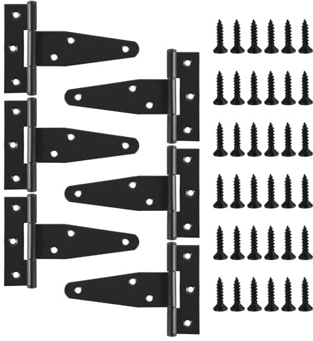 6 PCS Charnières en T, T-Scharniere, Charnières de Porte Noires en T, 100 X 65mm, Charniere Porte Lourde, Charnière Porte Placard et Porte lourde, Penture résistante pour Porte de Grange, Hangar