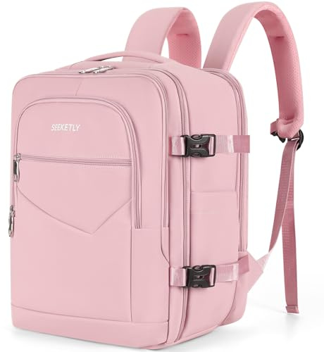 SEEKETLY Handgepäck Rucksack Flugzeug 40x30x20 Erweiterbar bis 40x30x25 für Ryanair, Eurowings, Transavia, Wizz Air, Vueling 24L-30L, Reiserucksack für 15,6 Zoll Laptops Rosa