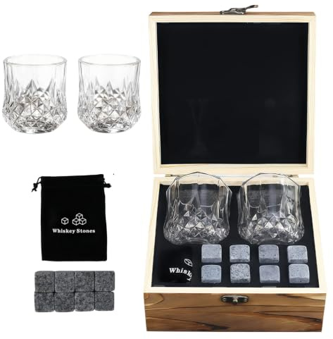Whisky Stones Gift Set, 8 Reusable Ice Cubes for Whiskey, Whiskey Gifts | 2 Glasses with Wooden Box & Storage Pouch | Whisky Gifts for Men | Perfect for Scotch Bourbon Father's Day Birthday Gifts