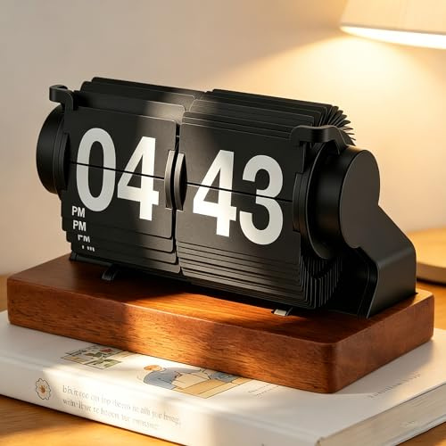 VeftBltrem Retro-Flip-Uhr, Vintage Digitale Klappuhr, Retro Uhr mit Holzsockel, automatisches Drehen, batteriebetrieben, mechanische Schreibtischuhr, ideal Für Zuhause, Büro, Raumdekoration