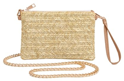 Andiker Straw Clutch Bag for Women, Summer Beach Crossbody Bag with Detachable Chain & Wrist Strap, Woven Envelope Purse with Card Slots for Travel Holiday