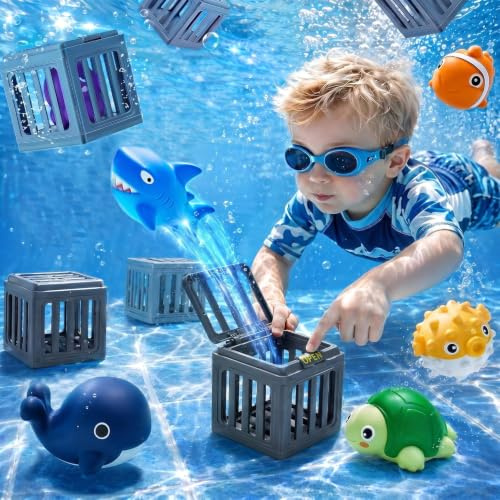 PKKP Lot de 12 jouets de sauvetage sous-marins pour enfants, avec 6 cages de plongée et 6 animaux marins flottants, jouets aquatiques pour entraînement de natation, baignoire, cadeau