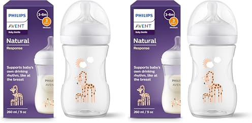 Philips AVENT Babyflasche Natural Response – Babyflasche, 260 ml, BPA-frei, für Babys ab 1 Monat, Giraffenmotiv (Modell SCY903/66) (Packung mit 2)