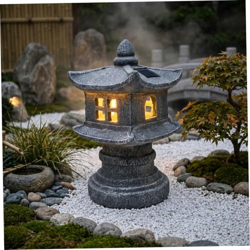 Estatua De Jardín De Pagoda, Linternas Solares Japonesas, Estatua De Jardín De Pagoda con Energía Solar, Linterna De Piedra Japonesa De Resina para Decoración De Patio De Césped Al Aire Libre, Gris