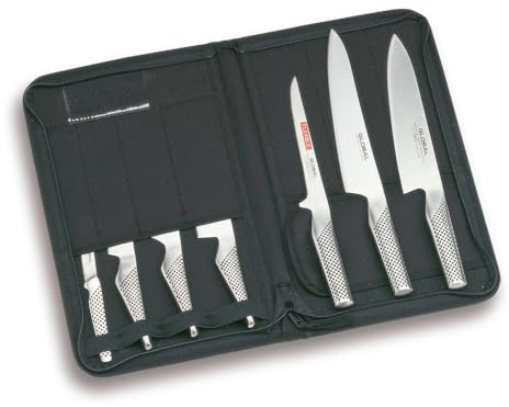 Global 7 Piece Knife Set & Case - 7 piece Set Including Cooks Knife, Carving Knife, Hollow Handle Vegetable Chopper, Hollow Handle Peeling Knife and More