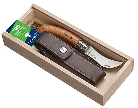 OPINEL-Pilzmesser, rostfreier Sandvik-Stahl, Eichenholz-Griff, Wildschweinborsten, Etui, Holzbox