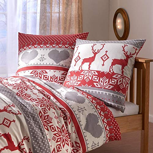 Traumschlaf Feinflanell Bettwäsche Hirsch im Weihnachtsstil – warme Winterbettwäsche aus 100% Baumwolle, kuschelig weich mit Norweger Strickmuster – 140 x 200 cm + 1 Kissenbezug 70 x 90 cm
