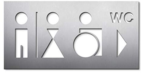 WC-Symbolschild mit Rollstuhlfahrer, 16 x 32 cm, Mann und Frau mit Richtungs-Pfeil nach rechts, Edelstahl matt, selbstklebend, ohne Bohren, Toiletten Wegweiser, Made in Germany - PHOS Design