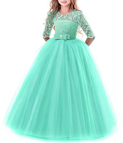 Vestido de niña de Flores para la Boda Princesa Largo Manga Vestidos de Dama De Honor Fiesta Tul Comunión Cumpleaños Bola Pageant Paseo Baile Maxi Cóctel Fotografía Vestir Verde 11-12 Años