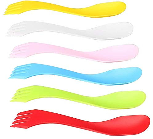 NA Göffel aus Kunststoff, leicht und stark, All-in-One, Camping-Besteck, Löffel, Gabel, Messer, tragbar, wiederverwendbar, Camping-Göffel für Rucksackreisen, Wandern, Outdoor, 6-teilig