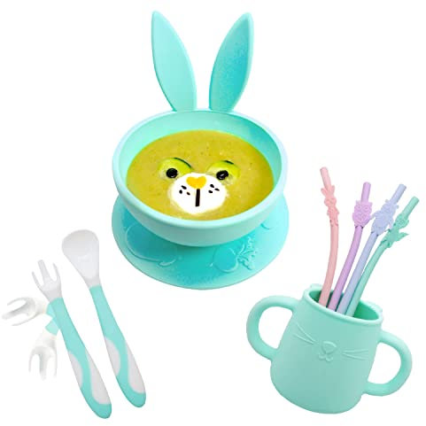 Brunoko Baby kopp + Baby silikon sugrör + Haklapp + baby bestik 4 IN 1 Set - Kopp barn silikon + Sugrör + Haklapp silikon + Babysked - Baby kopper set BPA-fri - Säker i diskmaskin/mikrovågsugn