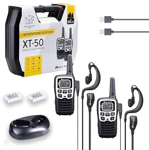 Midland - Talkie Walkie Longue Portée 8Km XT50, 2 Radio Récepteur Émetteur Chantier Outdoor, 24 Canaux PMR446 no Licence, 38 Tonalités CTCSS, Charge Rapide Autonomie 12H Rechargeable avec Chargeur Usb