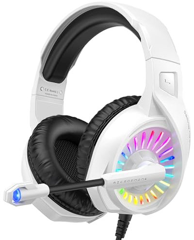 ZIUMIER Z20 Gaming Headset for PS4, PS5, Xbox One, Xbox Series S/X, PC, Switch, Wired Over-Ear Headphones with Noise Isolation Microphone, RGB LED Light, Surround Sound (White)