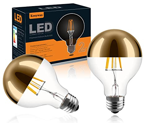 KOOYWAN Gold Crown Mirror Lights Bulb 6W(60W Equivalent) Half Chrome Lights Bulb Dimmable E27 LED Edison Bulb G80/G25 Globe Shape Decorative LED Bulb Half Reflected Light 2700K Soft White Pack of 2