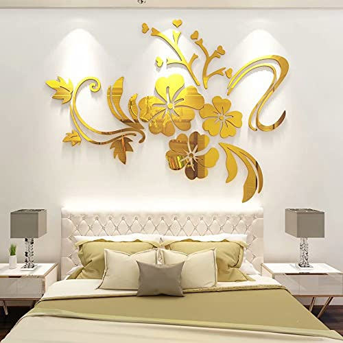 3D Adesivo da Parete Fiori Specchio DIY Adesivi Murali Acrilico Forma di Fiore Riflettente Adesivi Carta da Pareti Arte Decorativo per Camera da Letto Soggiorno Divano(D'oro XS: 40cm * 60cm)