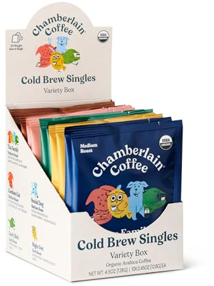 Chamberlain Coffee Organic Variety Cold Brew Singles Medium Roast – 10 Single Serve Bags w/Different Flavors - Ideal for Summer Use, at Home, Camping, or Travel - Coffee Gift Set for Any Occasion