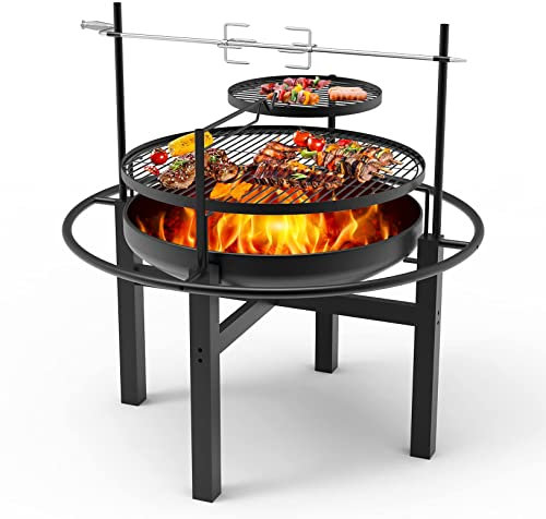 Griglia da esterno in acciaio a legna con griglia, set braciere da 23, parascintille rotondo, picnic in campeggio, giardino, spiaggia, parco, falò, spiedo barbecue rotante, spiedo di pollo arrosto