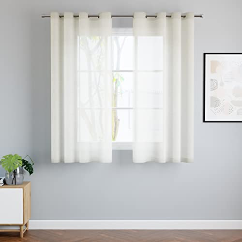 Encasa XO Tende in voile Tende trasparenti in lino Crema testurizzato con occhielli - Set di 2 pannelli - Tende semitrasparenti per casa, soggiorno, balcone, camera - 140x137 cm, 4.5 ft