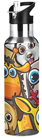 Hund Hirsch Giraffe Tiere Wasserflasche Trinkflasche mit Strohhalmdeckel Auslaufsicher Isoliert Edelstahl Thermosflasche für Jungen Mädchen Gym Sport 600ml