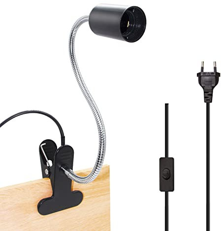 Lampada a morsetto E27, in metallo, colore nero, lampada da lettura, lampada da lettura, attacco E27, con collo di cigno flessibile e cavo da 220 cm, 60 W per camera da letto