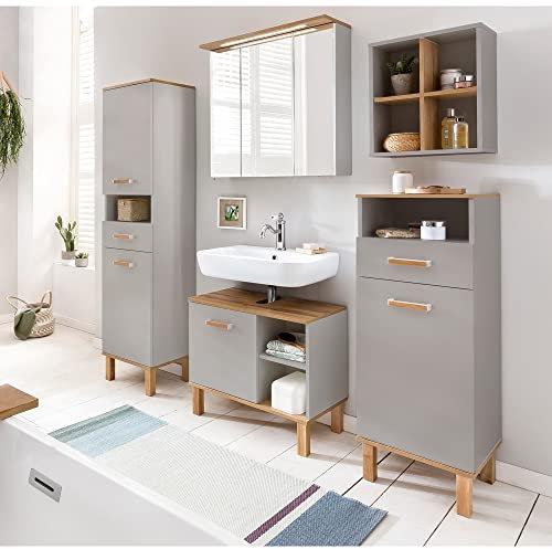 Lomadox Badmöbel Set in Platingrau mit Eiche Landhaus Nb. LED Spiegelschrank, B/H/T: ca. 176/200/35 cm