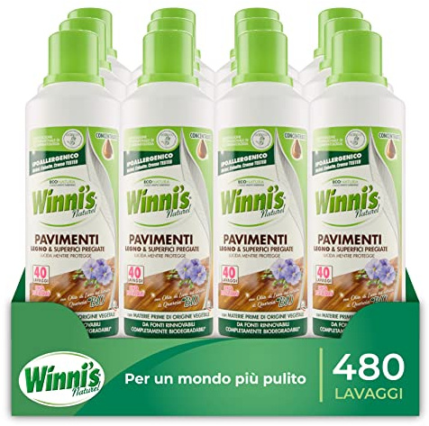 Winni's - Detergente para suelos hipoalergénicos, parquet, madera y superficies preciosas, 480 lavados, sin aclarado, fórmula concentrada con materias primas de origen vegetal y orgánico, 1 L x 12