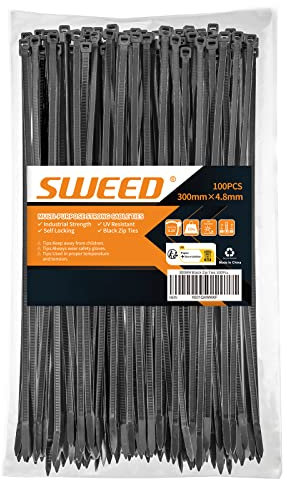 SWEED Kabelbinder schwarz 300mm, UV Beständig, 4.8mm Breite, Zugfestigkeit Bis Zu 22kg - 100 Stück