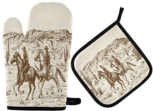 QUGRL Wild West Cowboys Ofenhandschuhe und Topflappen-Set, amerikanische Wüste, Küchenhandschuhe, hitzebeständig, zum Kochen, Backen, Grillen