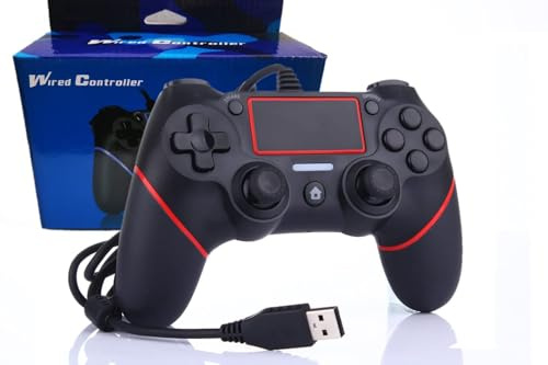 Intckwan Mando para PS-4 / Pro/Slim/PC(Win7/8/10), Controlador De Juegos con Cable, Gamepad con Vibración, Mango ergonómico antideslizante（Negro&Rojo）