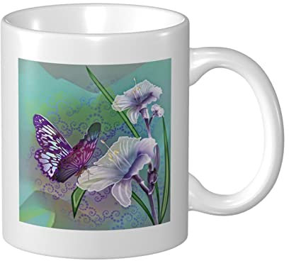 BAFAFA Lilien und Schmetterling bedruckte Keramiktasse Kaffeetasse mit Henkel Porzellan Teetasse Kaffee Kakao Milch Teetassen für Küche Büro Zuhause
