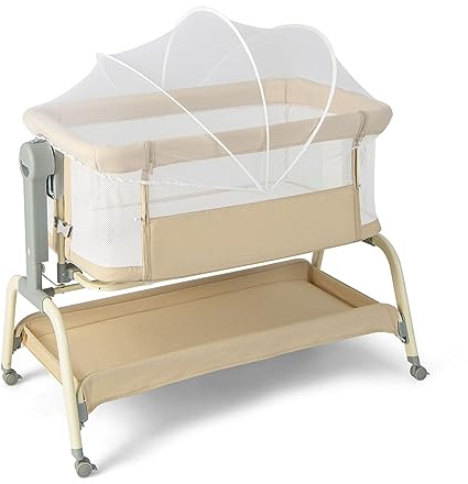 LIFEZEAL Babybett mit Moskitonetz, Baby Beistellbett mit Matratze & Rollen, Reisebett 6 Höhenverstellungen, Tragbares Babywiege für Baby 0-6 Monate, Stubenwagen mit Aufbewahrungskorb (Beige)