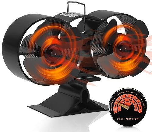 Ansobea 8 Blätter Doppelkopf-Kaminventilator Kamin Ventilator mit Thermometer Holzofen-Ventilator Effiziente Kaminwerkzeug Lüfter Leiser Kaminventilator Ohne Strom für Kaminofen Kamin Holzofen