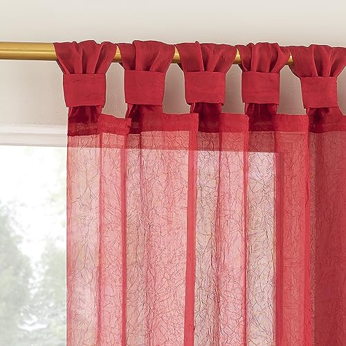 No. 918 Margaret 2-Pack Holiday Twist Tab Crushed Texture Sheer Tab Top Curtain Panel Pair, 51 x 84, Holiday Red