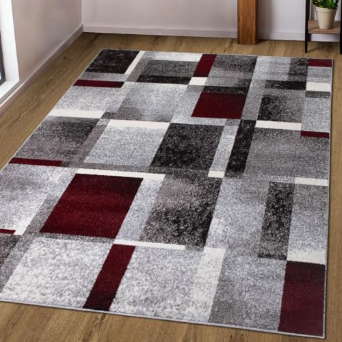 oKu-Tex Teppich Wohnzimmerteppich [200x290 cm] weicher Kurzflor grau rot kariert - Grauer Teppich für das Wohnzimmer - Carpet Living Room - geometrisches Patchwork Design - Deutsche Marke