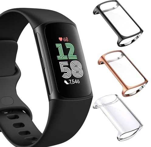 KZIOACSH Case with Screen Protector for Fitbit Charge 6, 3 Pack Full Coverage Ultra Slim Shockproof Cover Soft TPU Lightweight Anti-Scratch Bumper Case with Tempered Glass, Clear+Black+Gold