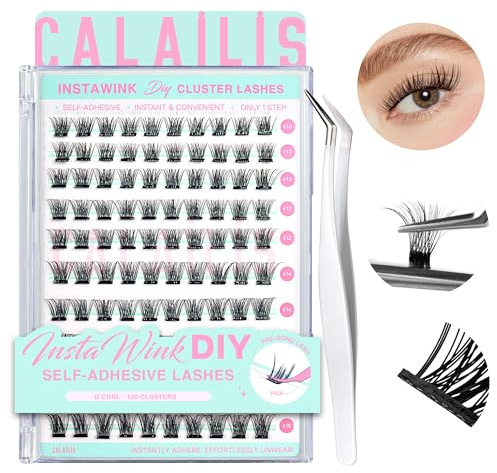 CALAILIS Selbstklebende Wimpern 100 Stück D Curl Druck auf Kein Kleber erforderlich Einzeln Wimpern Vorgeklebt Wiederverwendbares Kleberfreies mit Pinzette für Anfänger (03,10-16)