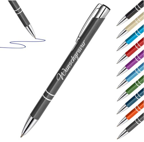 1 Stück Kugelschreiber Metall in Grau mit Gravur - Geschenk zum Geburtstag und Jubiläum - Stift für Office, Schule und Uni - Kinder und Erwachsene