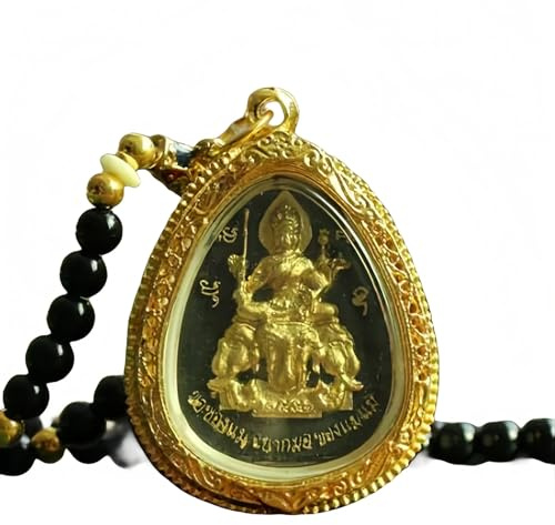 Autentisk thailändsk Buddha-amulett – fyrsidig Buddha rider på en elefant (svart bakgrund med guldutsmyckningar (Oval))