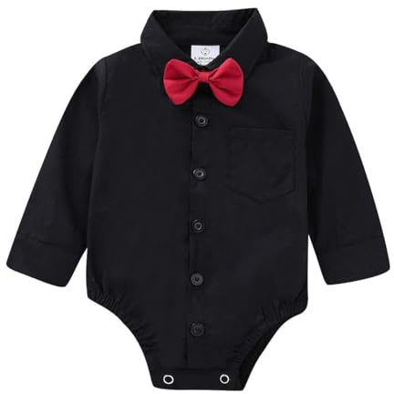OPAWO Baby Shirt Romper 100% Organic Cotton Newborn Vests, Long Sleeve Bodysuits for Baby Boys and Girls, Bow-tie Button Down Babies T Shirts for Wedding Suit Christening Outfit (Black L,3-6 Months)