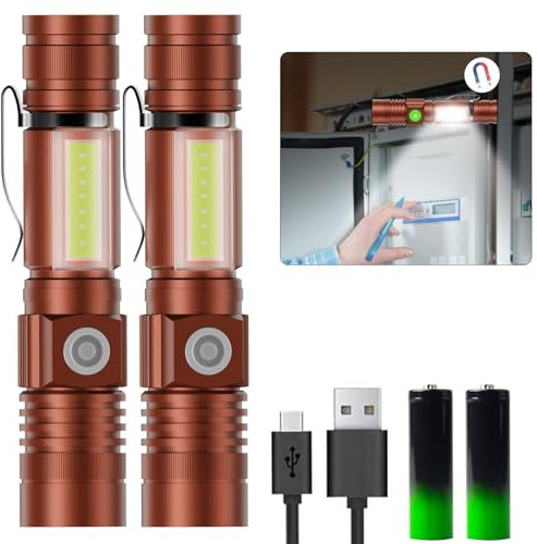 Karrong Linterna LED imán USB recargable con zoom, extremadamente brillante 3000 lúmenes linternas alimentado por batería impermeable COB luz lateral, 4 modos para senderismo al aire libre camping