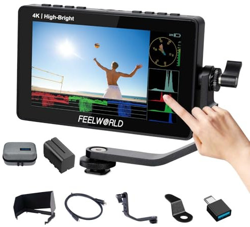 FEELWORLD F5 Prox 5.5 Pulgadas 1600nit Cámara DSLR de Monitor de Campo con Batería F750 Pantalla Táctil Forma de Onda 3D LUT Kit Externo Instalar 1920 x 1080 4K HDMI en Salida Entrada Tipo C