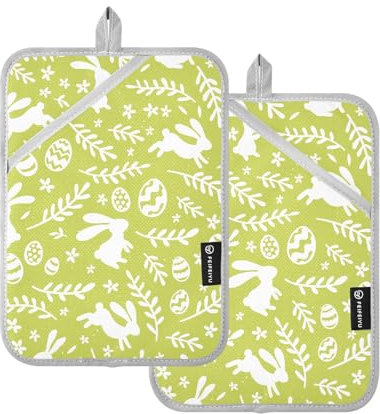 KLL Pot Holder Sets for Kitchen, 2 Pack Heat Resistant Potholders with Pocket Kitchen Hot Pads Oven Pads, 9.8x7 Cute Bunny Rabbit Easter