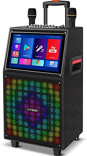 GEARDON Karaoke Machine with Lyrics Display Screen for Adults, 15 Inches Tablet, Bluetooth Speaker w/ 2 Rechargeable UHF Mics, 1000W Peak Power, DJ Lights, Portable Karaoke System for Any Occasion
