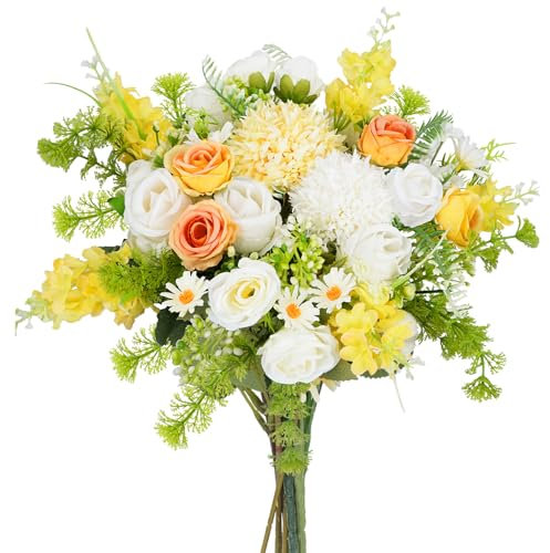 HO2NLE 8Pcs Yellow Roses White Flowers Artificial Silk Hydrangea Bouquets Faux Floral Arrangements Picks Fake Spring Flowers for Cemetery Grave Vase Wedding Home Decor Indoor Outdoor