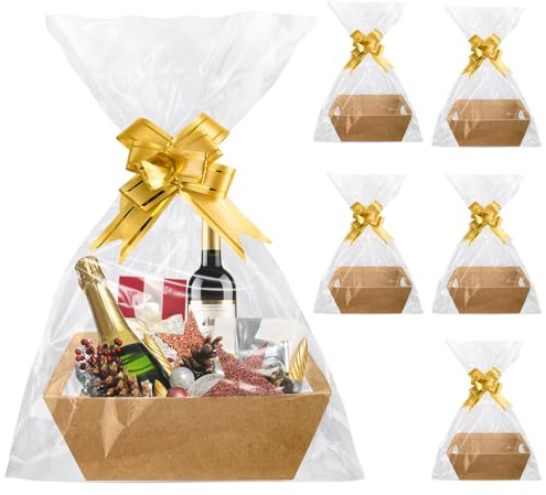 Geschenkkörbe Set, 6 Stück Präsentkorb Leer Körbe Für Geschenke Geschenkkorb Pappe Mit Griffen, Bogenknoten Und Transparenten Geschenktüten, Hamper Basket Kit Für Weihnachten Party Feiern (Kraftfarbe)